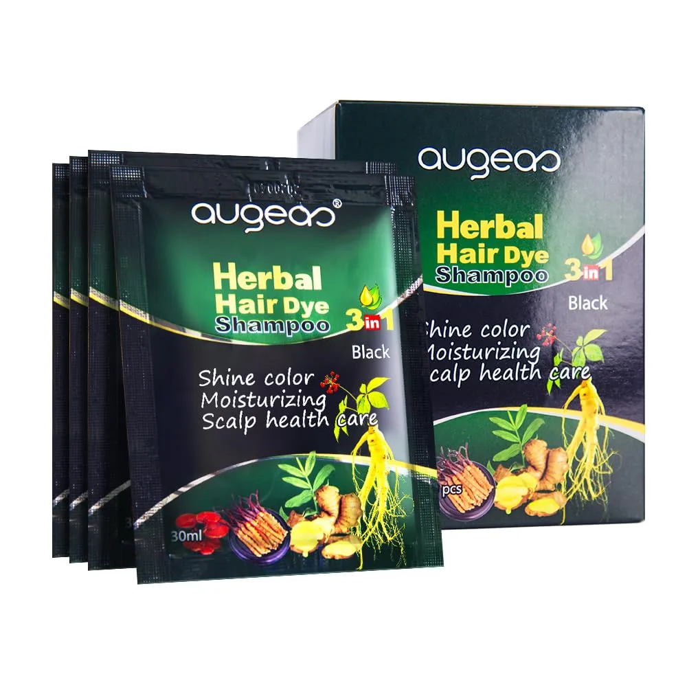 10-Pack Hair Dye Shampoo for Men & Women, Black - Permanent, Herbal, 3-in-1 Shine, Moisturizing & Scalp Care, 30 ML Each