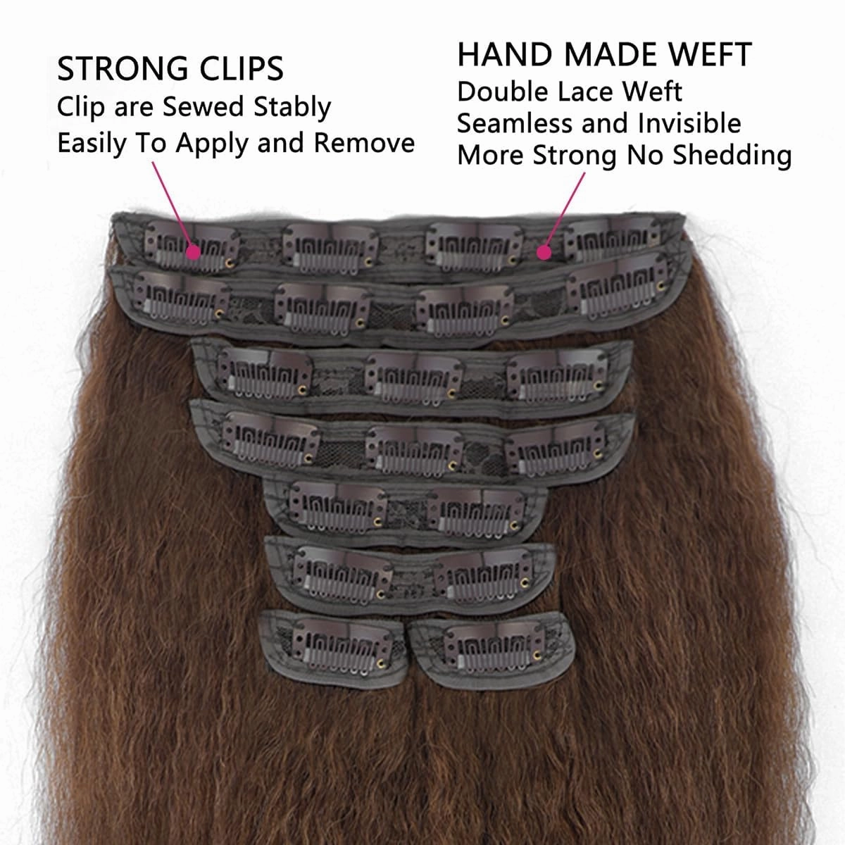 20 Inch Chocolate Brown Kinky Straight Clip in Hair Extensions Real Human Hair Clip in Extensions 8Pcs 110g 20 Clips Brazilian Virgin Hair Yaki Straight Clip ins Double Weft