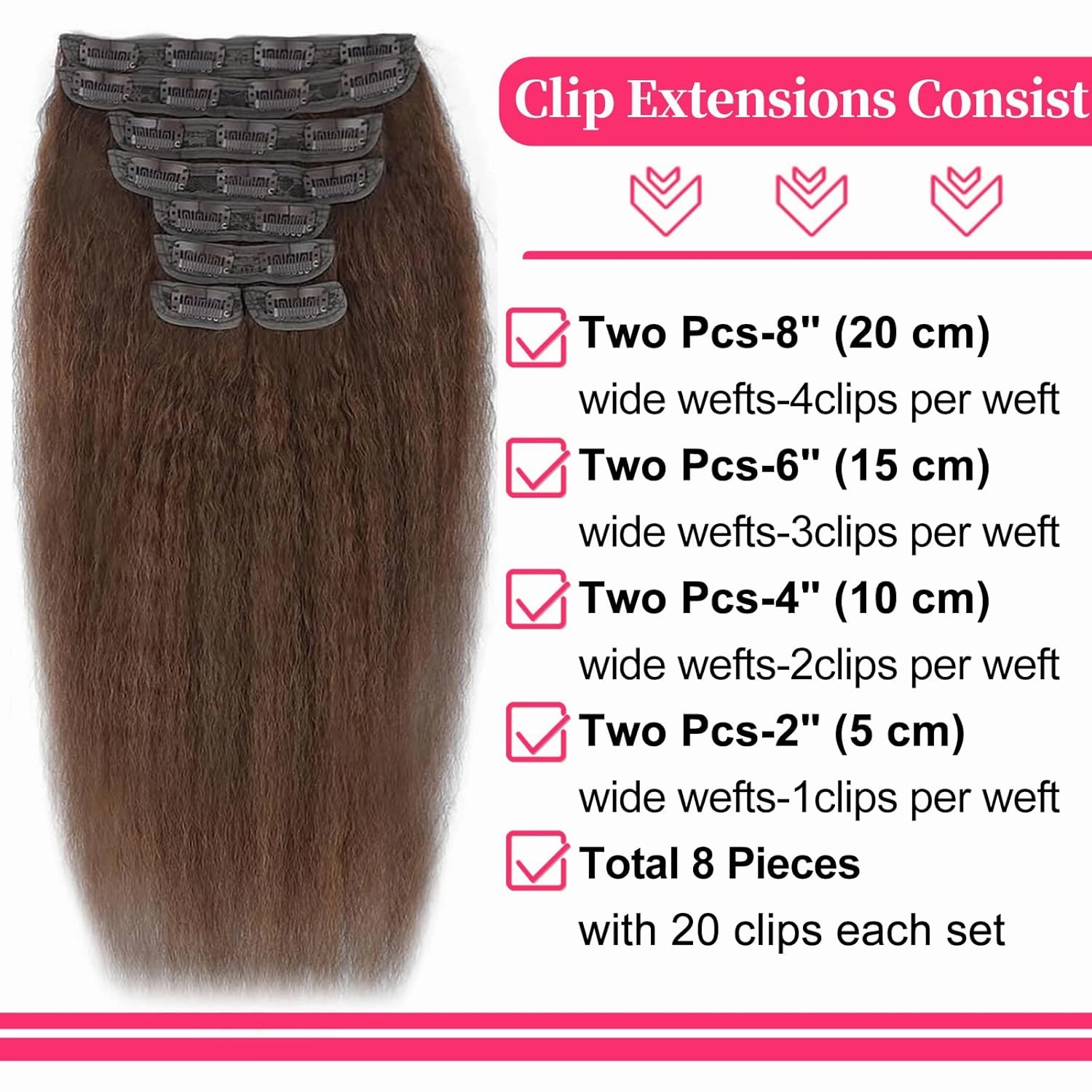 20 Inch Chocolate Brown Kinky Straight Clip in Hair Extensions Real Human Hair Clip in Extensions 8Pcs 110g 20 Clips Brazilian Virgin Hair Yaki Straight Clip ins Double Weft