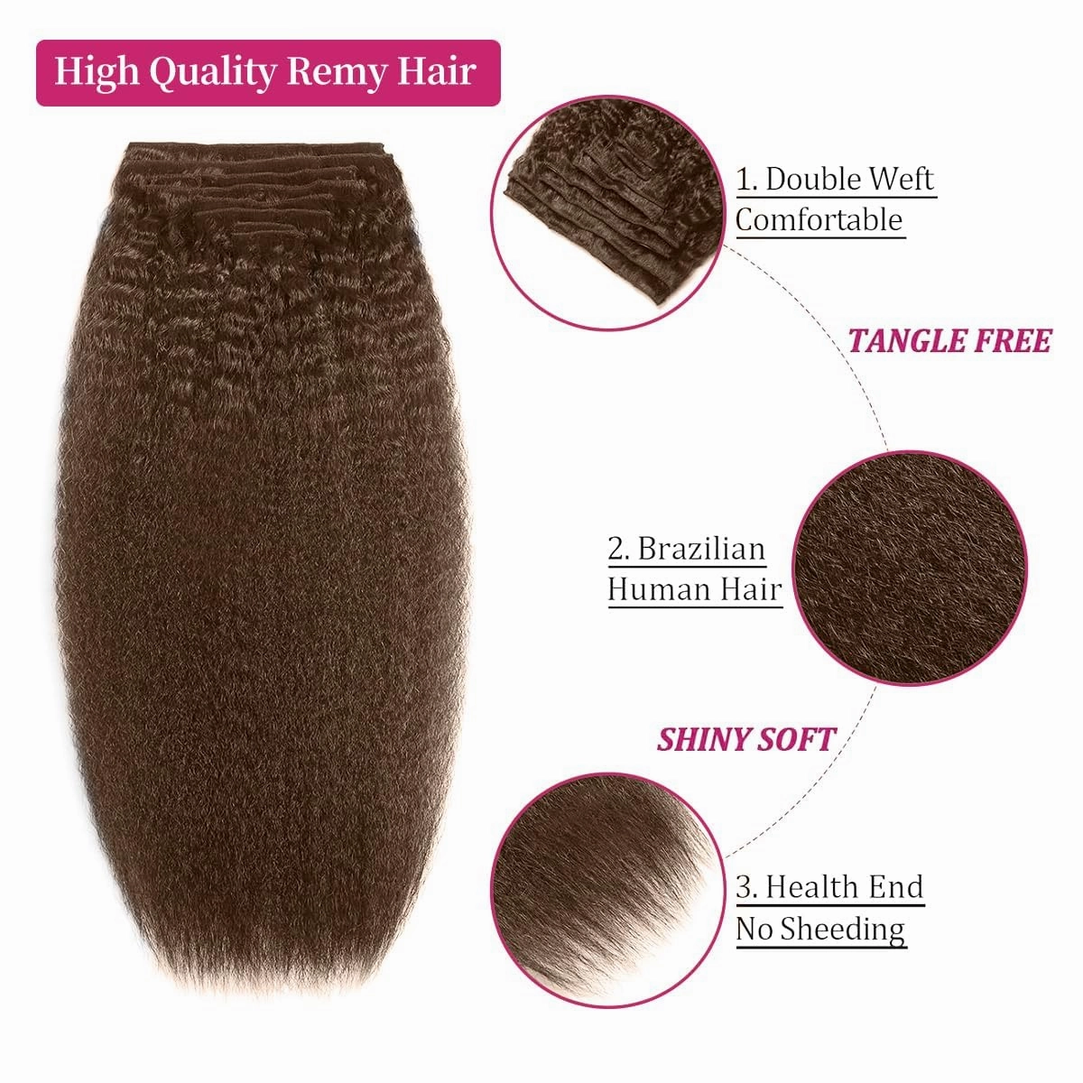 20 Inch Chocolate Brown Kinky Straight Clip in Hair Extensions Real Human Hair Clip in Extensions 8Pcs 110g 20 Clips Brazilian Virgin Hair Yaki Straight Clip ins Double Weft