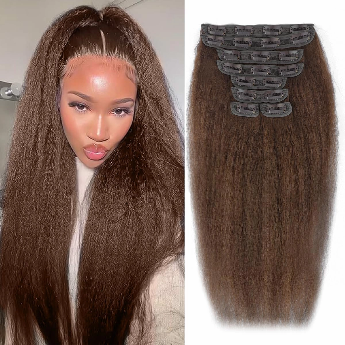 20 Inch Chocolate Brown Kinky Straight Clip in Hair Extensions Real Human Hair Clip in Extensions 8Pcs 110g 20 Clips Brazilian Virgin Hair Yaki Straight Clip ins Double Weft