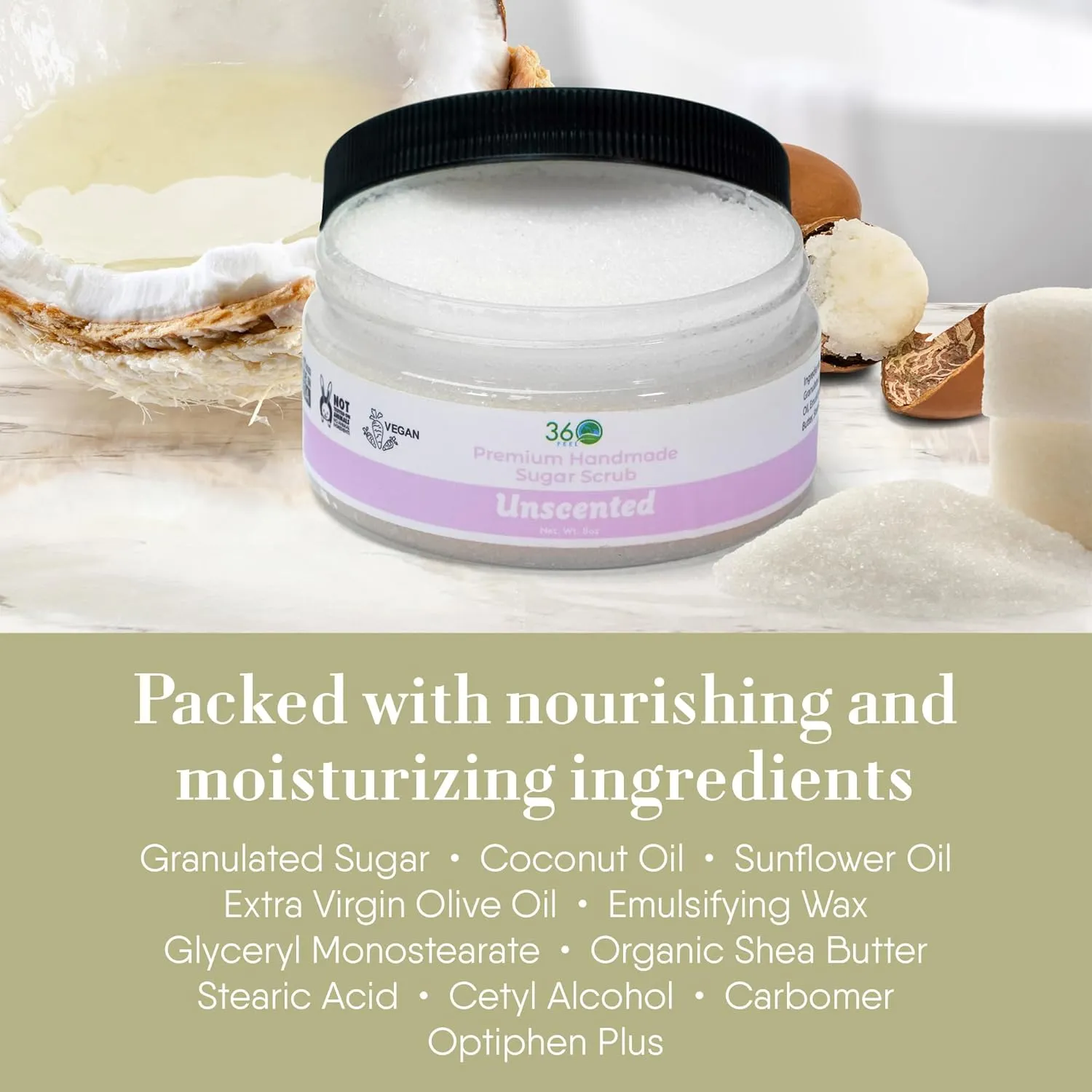 360Feel Fragrance Free Sugar Body Scrub - Great for Exfoliating Bodyscrub Acne Scars Stretch Marks Foot Scrub Great Gifts For Women - 8 Fl Oz