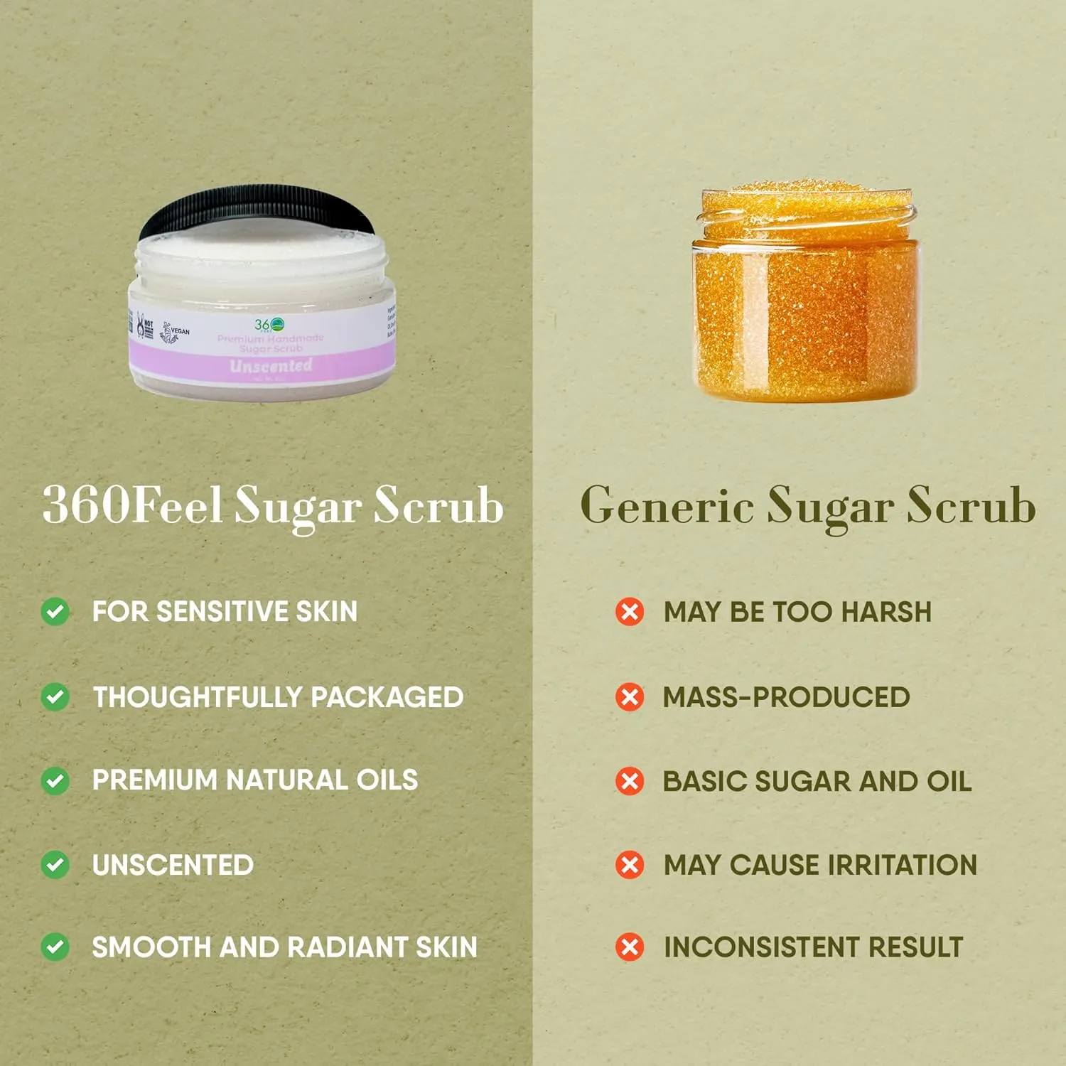 360Feel Fragrance Free Sugar Body Scrub - Great for Exfoliating Bodyscrub Acne Scars Stretch Marks Foot Scrub Great Gifts For Women - 8 Fl Oz