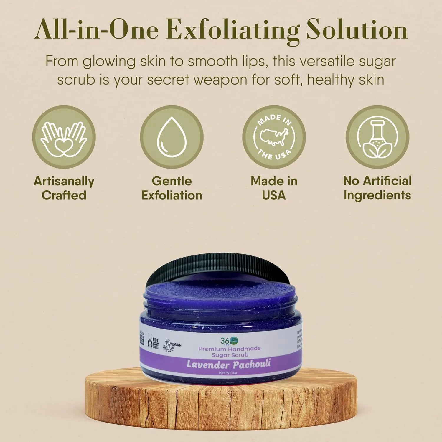 360Feel Lavender Patchouli Sugar Body Scrub - Great for Exfoliating Bodyscrub Acne Scars Stretch Marks Foot Scrub Great Gifts For Women - 8 Fl Oz