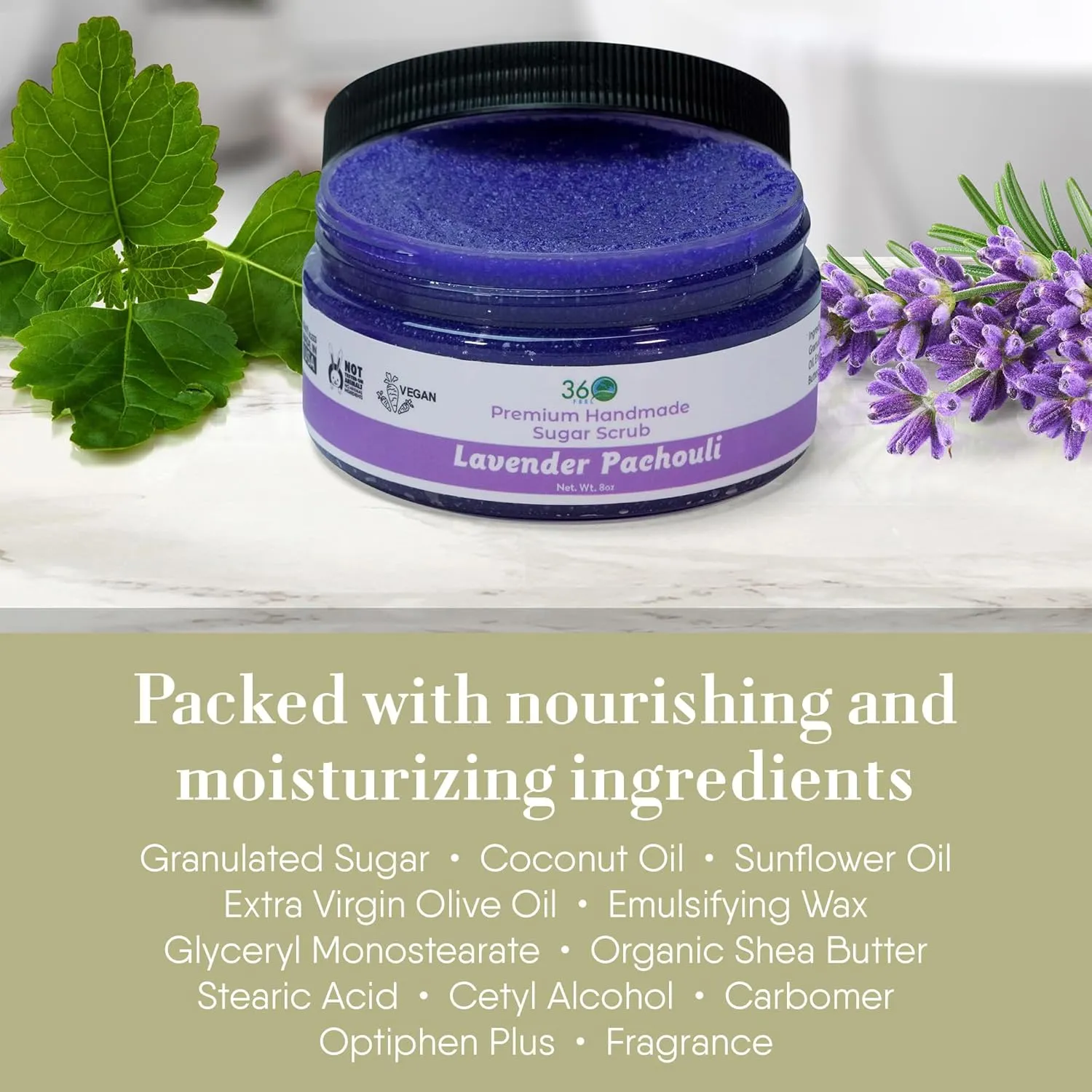360Feel Lavender Patchouli Sugar Body Scrub - Great for Exfoliating Bodyscrub Acne Scars Stretch Marks Foot Scrub Great Gifts For Women - 8 Fl Oz