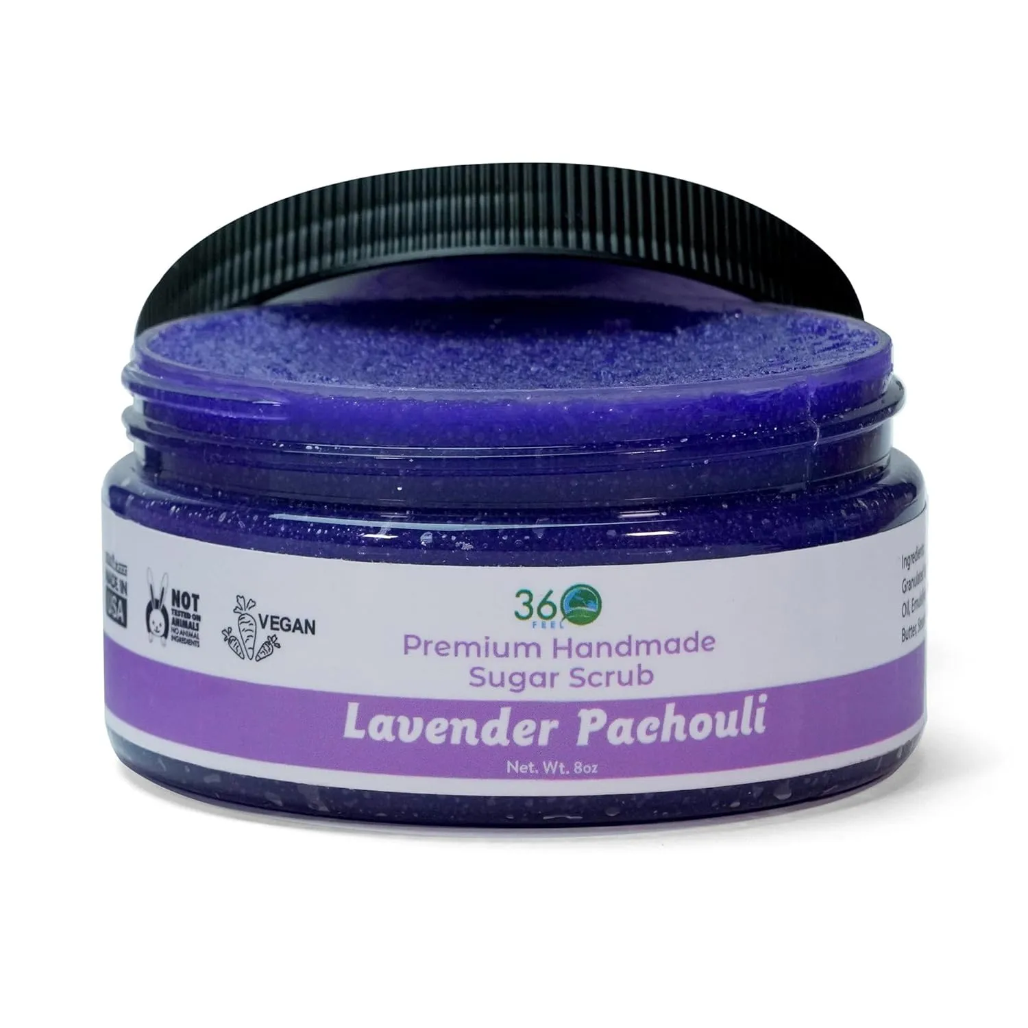 360Feel Lavender Patchouli Sugar Body Scrub - Great for Exfoliating Bodyscrub Acne Scars Stretch Marks Foot Scrub Great Gifts For Women - 8 Fl Oz