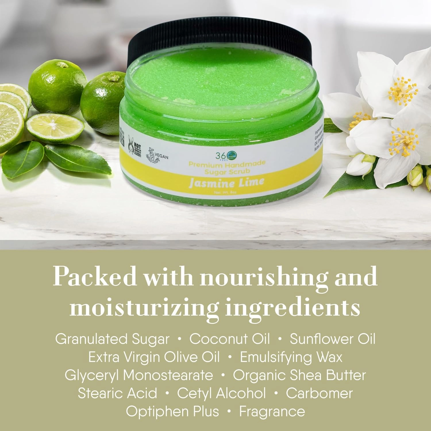 360Feel Jasmine Lime Sugar Body Scrub - Great for Exfoliating Bodyscrub Acne Scars Stretch Marks Foot Scrub Great Gifts For Women - 8 Fl Oz
