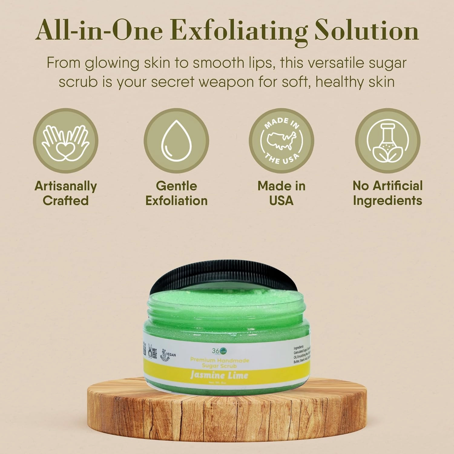 360Feel Jasmine Lime Sugar Body Scrub - Great for Exfoliating Bodyscrub Acne Scars Stretch Marks Foot Scrub Great Gifts For Women - 8 Fl Oz