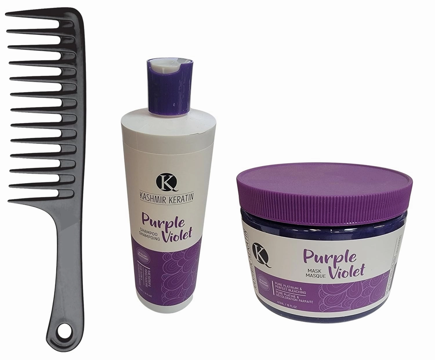 3PC Set: Kashmir Keratin Purple Violet Shampoo and Conditioner 16 oz each, PLUS Large Shampoo Comb
