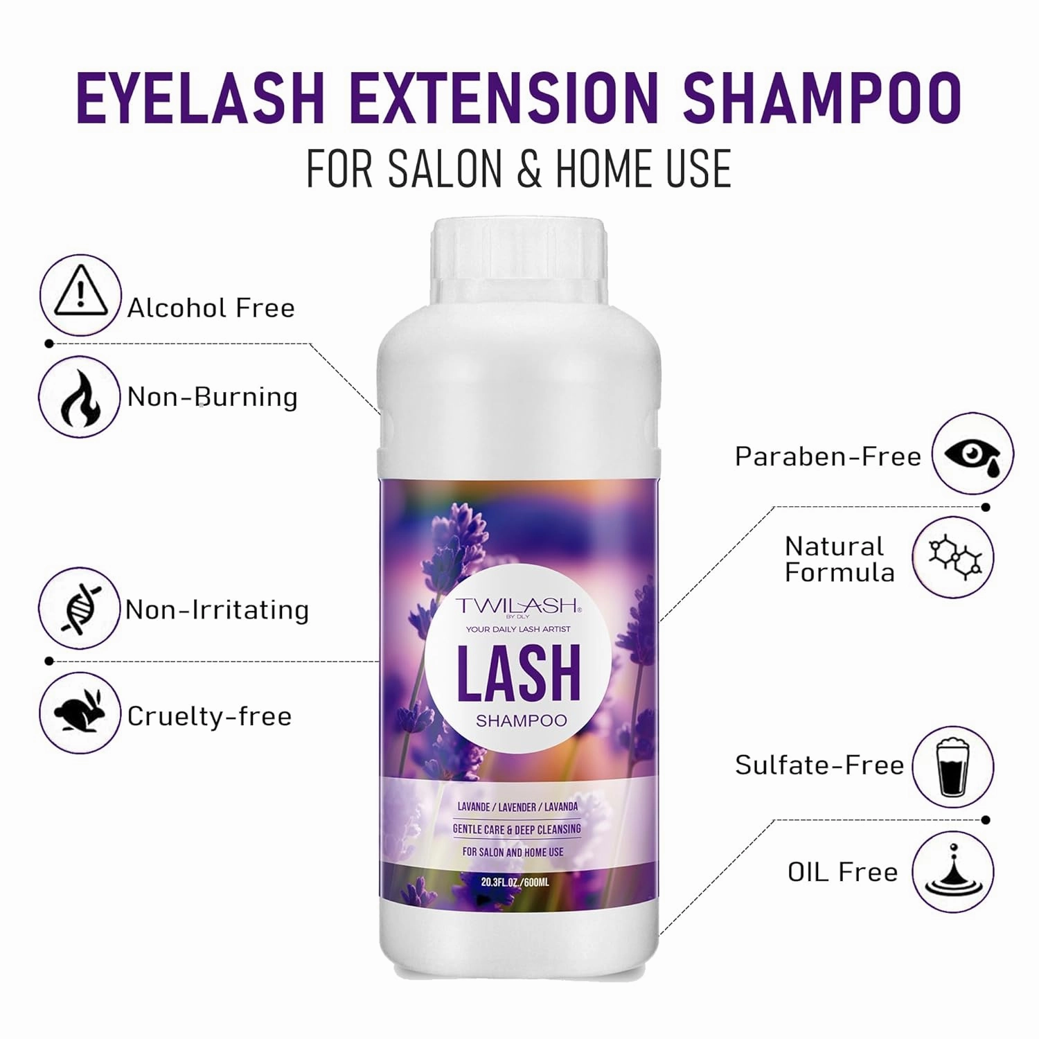 600ml Lash Shampoo Bulk, Eyelash Cleanser for Extensions, Safe Makeup Remover, Non-irritating or Burning Formula Eyelid Foaming Cleanser Best for Professional Salon and Home Use (Lavender)