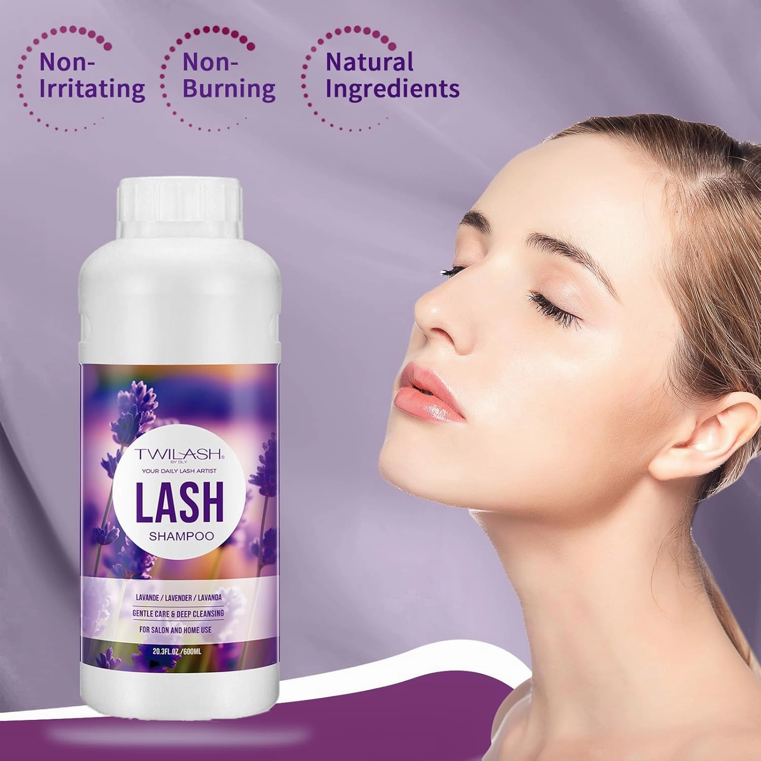 600ml Lash Shampoo Bulk, Eyelash Cleanser for Extensions, Safe Makeup Remover, Non-irritating or Burning Formula Eyelid Foaming Cleanser Best for Professional Salon and Home Use (Lavender)