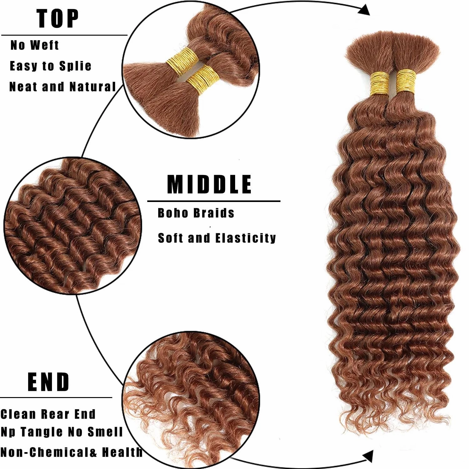 #30 Light Brown Human Braiding Hair Deep Wave Bulk 14 14 14 Inch Human Hair Weave 3 Bundle Unprocessed Brazilian Virgin Hair Brown Deep Curly Braiding Hair Extensions 50 Grams/Bundle