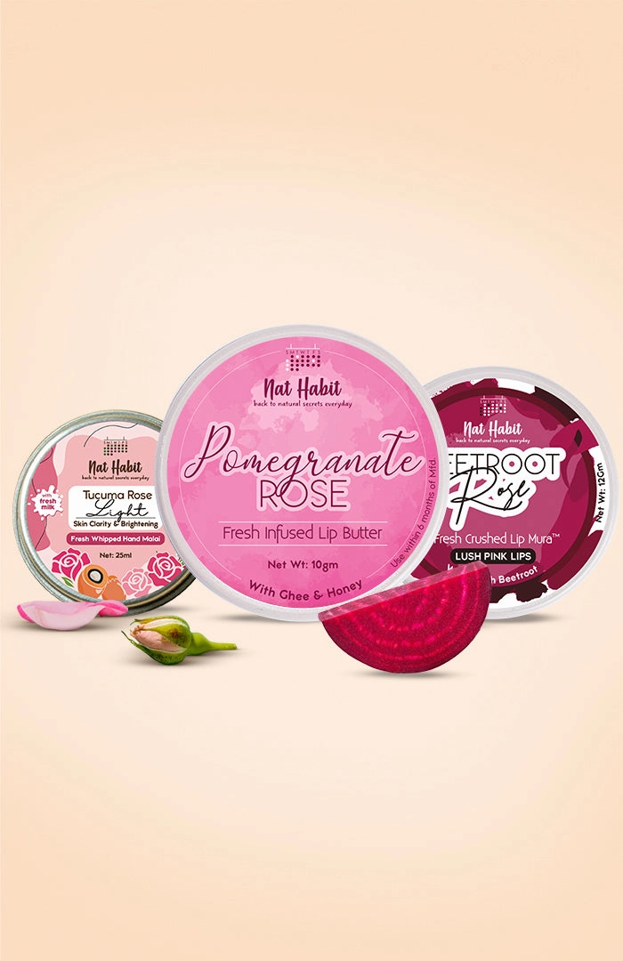 <strong>Beetroot Rose Lip Mura, Pomegranate Rose Lip Butter & Tucuma Rose Hand Malai Combo</strong> <br><i>Combo Pack of 3</i>