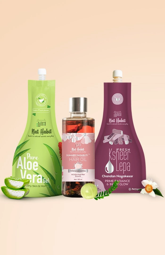 <strong>Chandan Nagakesar Lepa, Pure Aloe Gel, & Hibiscus Hair Oil</strong> <br><i>Combo Pack of 3</i>