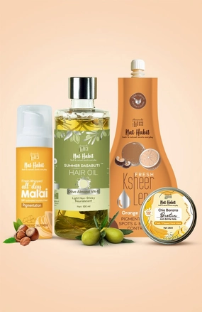 <strong>Chia Banana Hand Malai, Orange Kalonji Lepa, Pigmentation Face Malai & Olive Almond Hair Oil Combo</strong> <br><i>Combo Pack of 4</i>