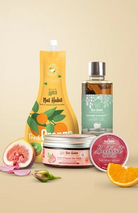 <strong>Crushed Tri Leaf Hair Oil, Orange Kiwi Vit-C Hydrating Gel, Beetroot Lip Butter & Fig Rose Skin Malai Combo </strong> <br><i>Combo Pack of 4</i>