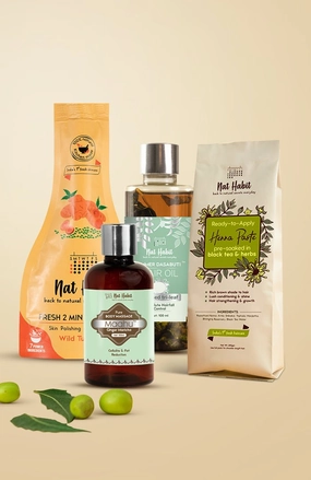 <strong>Crushed Tri Leaf Hair Oil, Wild Turmeric Bath Ubtan, Henna & Ginger Maricha Maahu Combo </strong> <br><i>Combo Pack of 4</i>