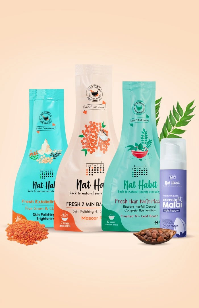 <strong>Crushed Tri Leaf NutriMask, Overnight Face Malai, Masoor Rub Bath Ubtan & Five Gram & Clay Fuse Mura Combo</strong> <br><i>Combo Pack of 4</i>