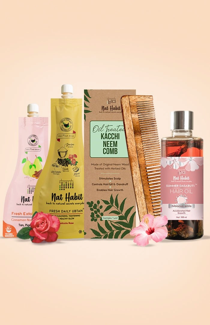<strong>Delicate Rose Ubtan, Dual Tooth Comb, Hibiscus Hair Oil & Cinnamon Nashpati Mura Combo</strong> <br><i>Combo Pack of 4</i>