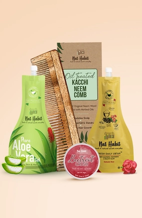 <strong>Delicate Rose Ubtan, Pure Aloe Gel, Beetroot Crush Lip Butter & Dual Tooth Comb Combo</strong> <br><i>Combo Pack of 4</i>