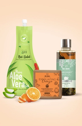 <strong>Exfoliating Orange Soap, Crushed Tri Leaf Hair Oil & Pure Aloe Gel Combo</strong> <br><i>Combo Pack of 3</i>