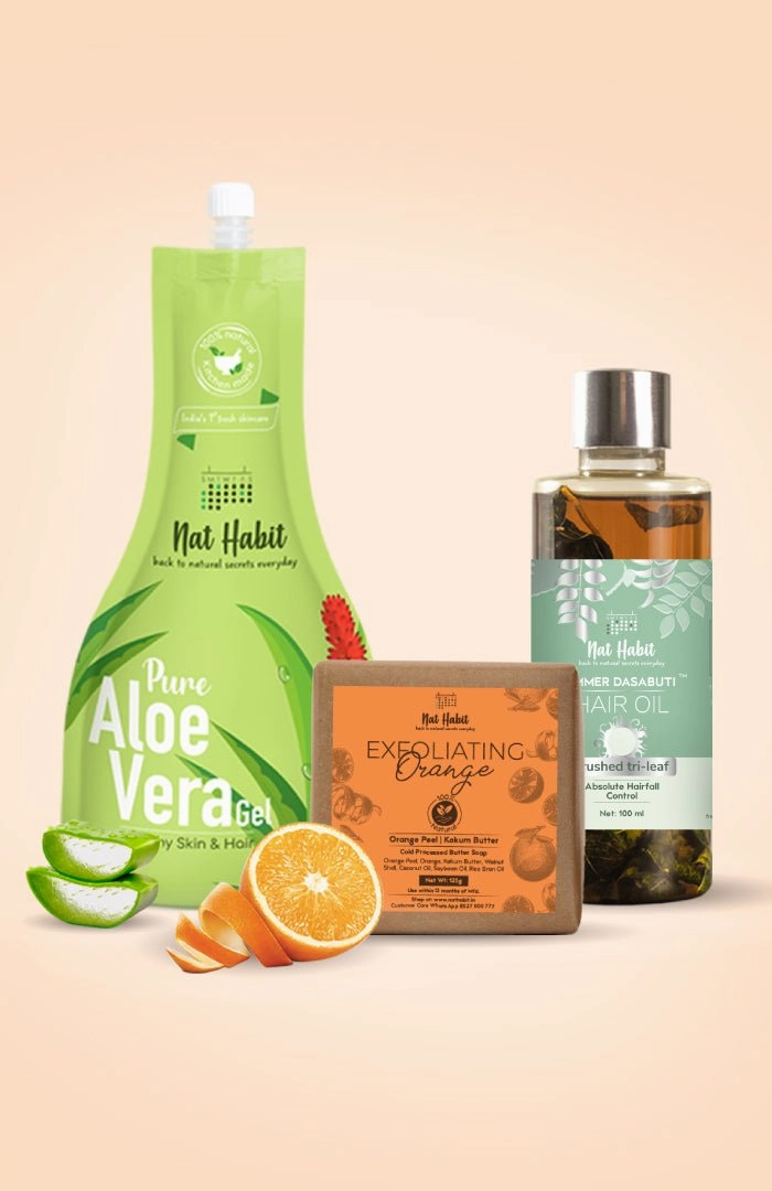 <strong>Exfoliating Orange Soap, Crushed Tri Leaf Hair Oil & Pure Aloe Gel Combo</strong> <br><i>Combo Pack of 3</i>