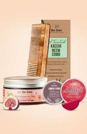 <strong>Fig Rose Skin Malai, Dual Tooth Comb, Almond Marula Hair Balm & Beetroot Crush Lip Butter Combo </strong> <br><i>Combo Pack of 4</i>