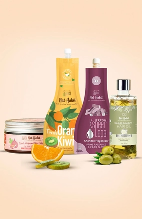 <strong>Fig Rose Skin Malai, Orange Kiwi Hydrating Gel, Chandan Nagakesar Lepa & Olive Almond  Hair Oil Combo </strong> <br><i>Combo Pack of 4</i>