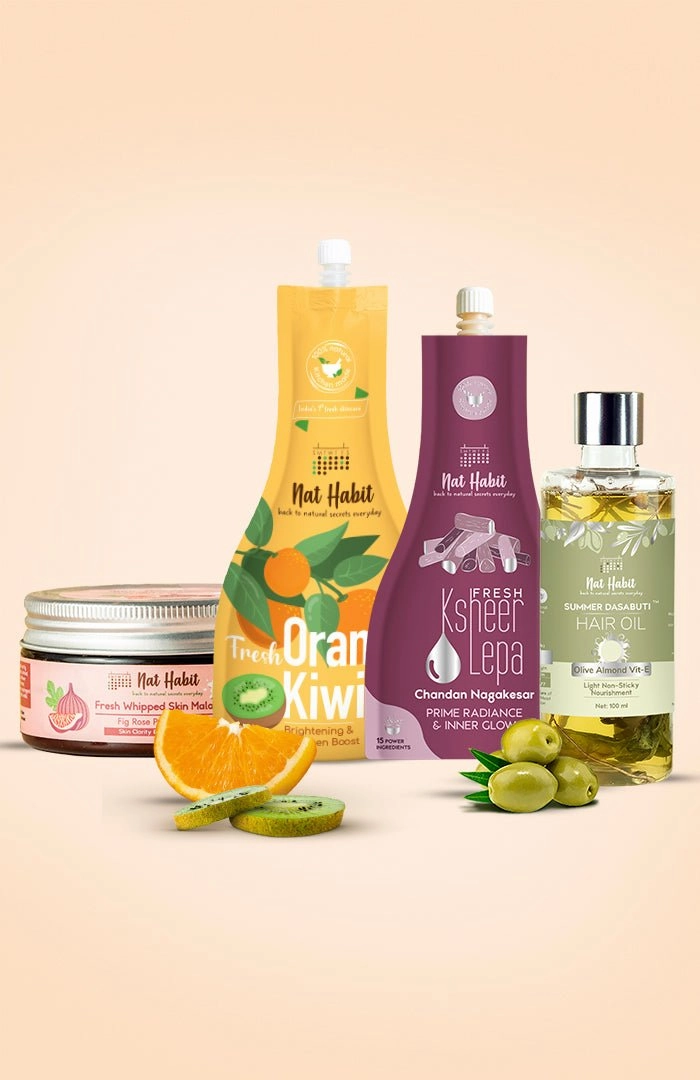 <strong>Fig Rose Skin Malai, Orange Kiwi Hydrating Gel, Chandan Nagakesar Lepa & Olive Almond  Hair Oil Combo </strong> <br><i>Combo Pack of 4</i>