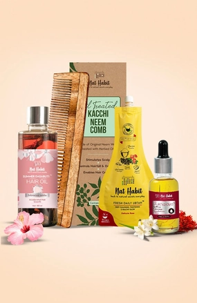 <strong>Hibiscus Amla Hair Oil, Dual Tooth Comb, Delicate Rose Ubtan & Saffron Tuberose Mukhalaya Combo </strong> <br><i>Combo Pack of 4</i>