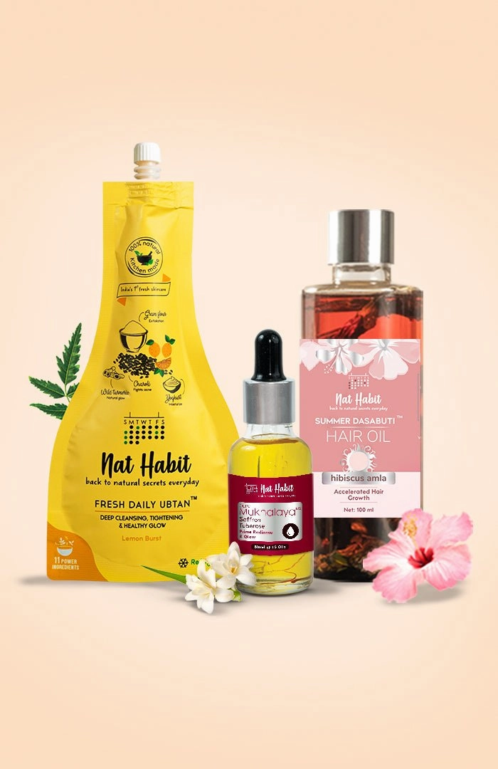 <strong>Hibiscus Amla Hair Oil, Saffron Tuberose Mukhalaya & Delicate Rose Ubtan Combo</strong> <br><i>Combo Pack of 3</i>