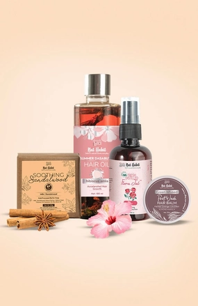 <strong>Hibiscus Amla Hair Oil, Soothing Sandalwood Soap, Pure Gulab Jal & Almond Marula Hair Balm Combo </strong> <br><i>Combo Pack of 4</i>