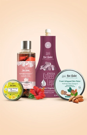 <strong>Lemon Moringa Hand Malai, Hibiscus Amla Hair Oil, Chandan Nagakesar Lepa & Multi Nut Skin Malai Combo</strong> <br><i>Combo Pack of 4</i>