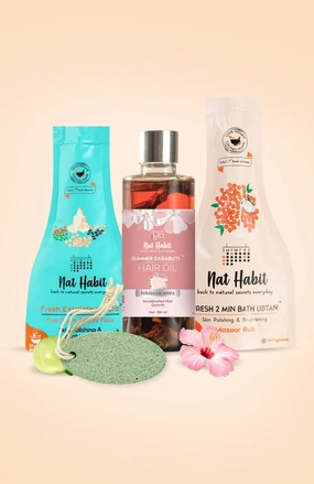 <strong>Masoor Rub Bath Ubtan, Hibiscus Amla Hair Oil, Five Gram & Clay Fuse Mura & Pumice Rub Combo</strong> <br><i>Combo Pack of 4</i>