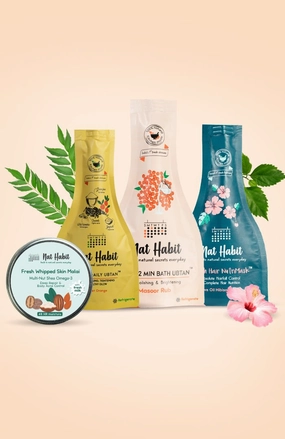<strong>Multi-Nut Skin Malai, Masoor Rub Bath Ubtan, Five Oil Hibiscus NutriMask & Sweet Orange Ubtan Combo</strong> <br><i>Combo Pack of 4</i>