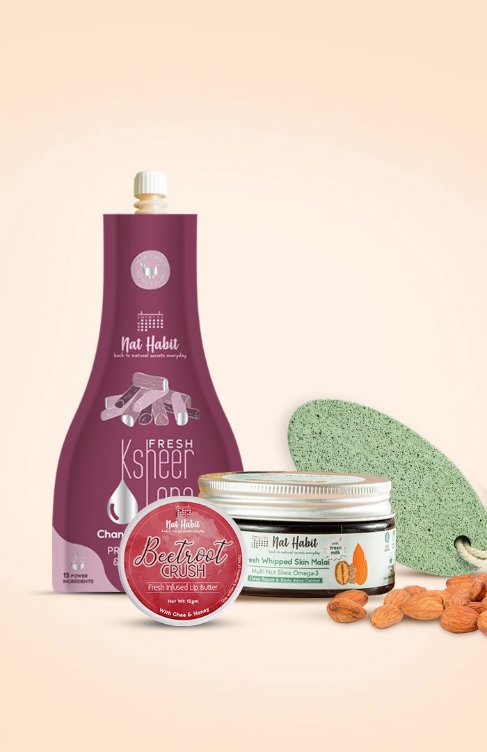 <strong>Multi Nut Skin Malai, Pumice Rub, Beetroot Crush Lip Butter & Chandan Nagakesar Lepa Combo</strong> <br><i>Combo Pack of 4</i>