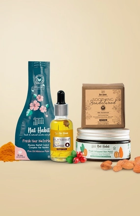 <strong>Multi Nut Skin Malai, Soothing Sandalwood Soap, Five Oil Hibiscus NutriMask & Turmeric Rosehip Mukhalaya Combo </strong> <br><i>Combo Pack of 4</i>
