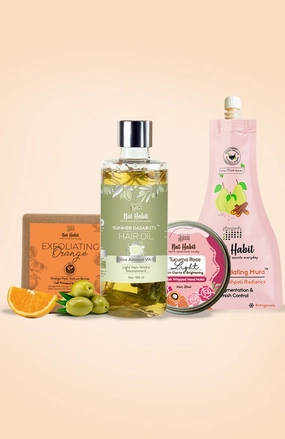 <strong>Olive Almond Hair Oil, Exfoliating Orange Soap, Tucuma Rose Hand Malai & Cinnamon Nashpati Mura Combo</strong> <br><i>Combo Pack of 4</i>