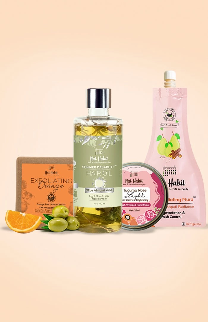 <strong>Olive Almond Hair Oil, Exfoliating Orange Soap, Tucuma Rose Hand Malai & Cinnamon Nashpati Mura Combo</strong> <br><i>Combo Pack of 4</i>