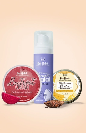 <strong>Overnight Face Malai, Chia Banana Hand Malai & Beetroot Crush Lip Butter Combo</strong> <br><i>Combo Pack of 3</i>