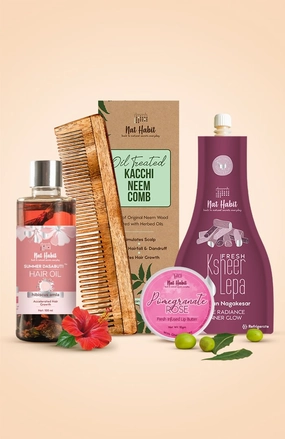 <strong>Pomegranate Rose Lip Butter, Dual Tooth Comb, Chandan Nagakesar Lepa & Hibiscus Amla Hair Oil Combo</strong> <br><i>Combo Pack of 4</i>