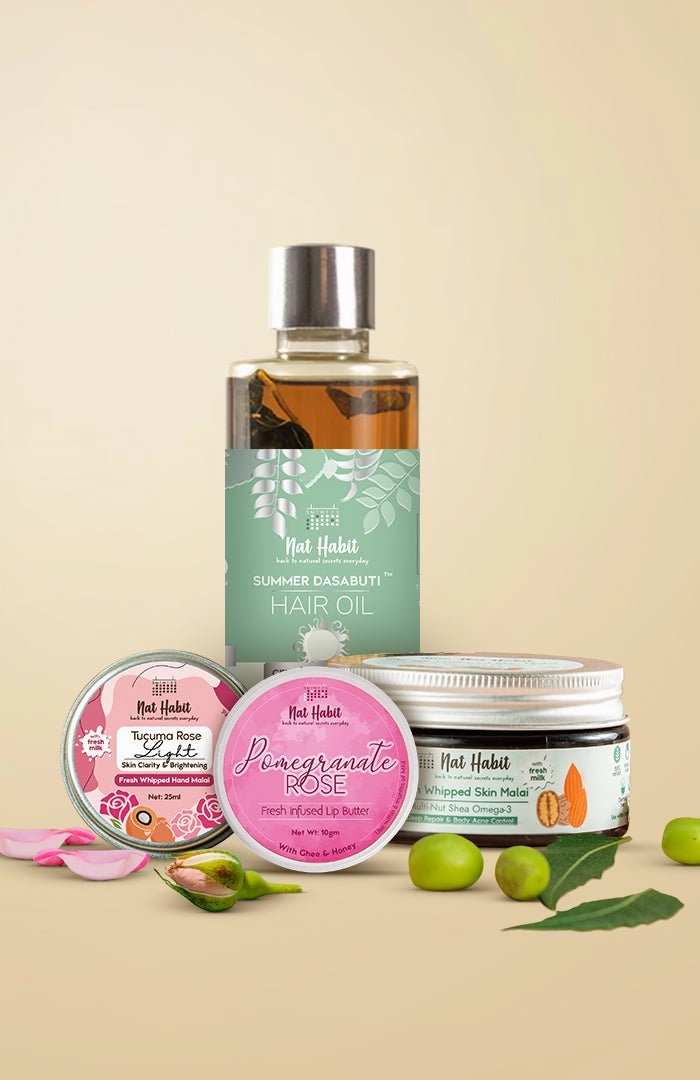 <strong>Pomegranate Rose Lip Butter, Tucuma Rose Hand Malai, Multi Nut Skin Malai & Crushed Tri Leaf Hair Oil Combo</strong> <br><i>Combo Pack of 4</i>