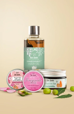 <strong>Pomegranate Rose Lip Butter, Tucuma Rose Hand Malai, Multi Nut Skin Malai & Crushed Tri Leaf Hair Oil Combo</strong> <br><i>Combo Pack of 4</i>