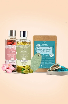<strong>Pumice Rub, Cedar Lift Foot Salt, Hibiscus Amla Hair Oil & Olive Almond Hair Oil Combo</strong> <br><i>Combo Pack of 4</i>