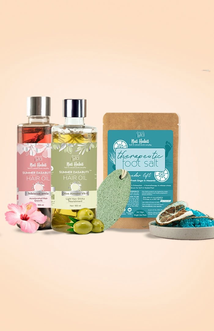 <strong>Pumice Rub, Cedar Lift Foot Salt, Hibiscus Amla Hair Oil & Olive Almond Hair Oil Combo</strong> <br><i>Combo Pack of 4</i>