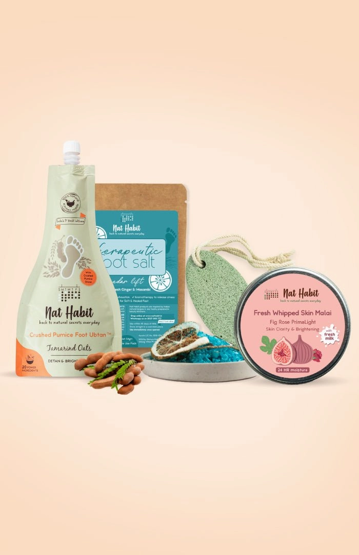 <strong>Pumice Rub, Cedar Lift Foot Salt, Tamarind Oats Foot Ubtan & Fig Rose Skin Malai Combo</strong> <br><i>Combo Pack of 4</i>