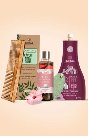 <strong>Pumice Rub, Dual Tooth Comb, Hibiscus Amla Hair Oil & Chandan Nagakesar Lepa Combo</strong> <br><i>Combo Pack of 4</i>