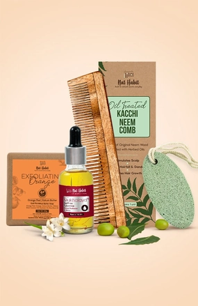 <strong>Pumice Rub, Dual Tooth Comb, Saffron Tuberose Mukhalaya & Exfoliating Orange Soap Combo</strong> <br><i>Combo Pack of 4</i>