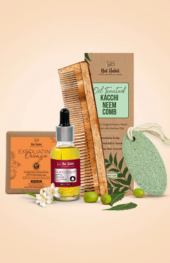 <strong>Pumice Rub, Dual Tooth Comb, Saffron Tuberose Mukhalaya & Exfoliating Orange Soap Combo</strong> <br><i>Combo Pack of 4</i>