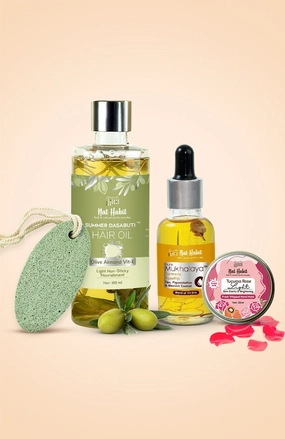 <strong>Pumice Rub, Tucuma Rose Hand Malai, Olive Almond Hair Oil & Turmeric Rosehip Mukhalaya Combo</strong> <br><i>Combo Pack of 4</i>